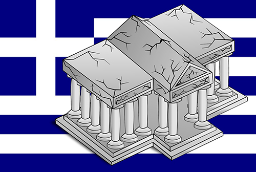 Ρωγμές εμφανείς σε αρχαιοελληνικό Ναό με υπόβαθρο την σημαία